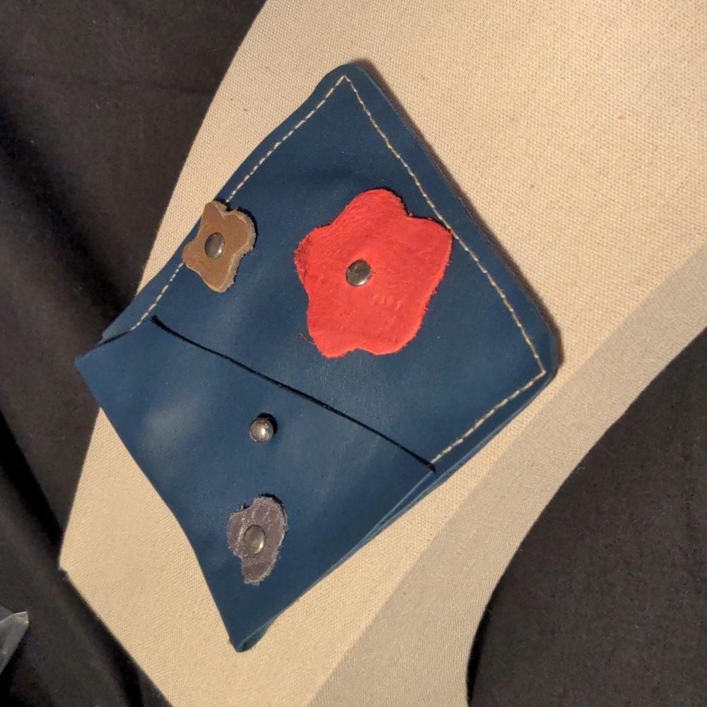Handmade Genuine Leather Free Form Coin Purse Flower Rosette Accents Blue